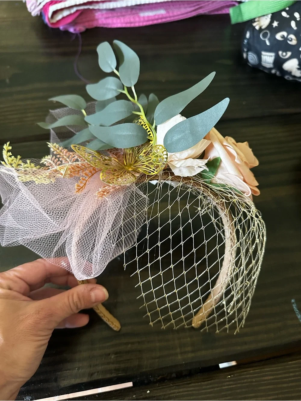 Peach and Ivory Floral Headband Fascinator with Gold Butterfly Accents